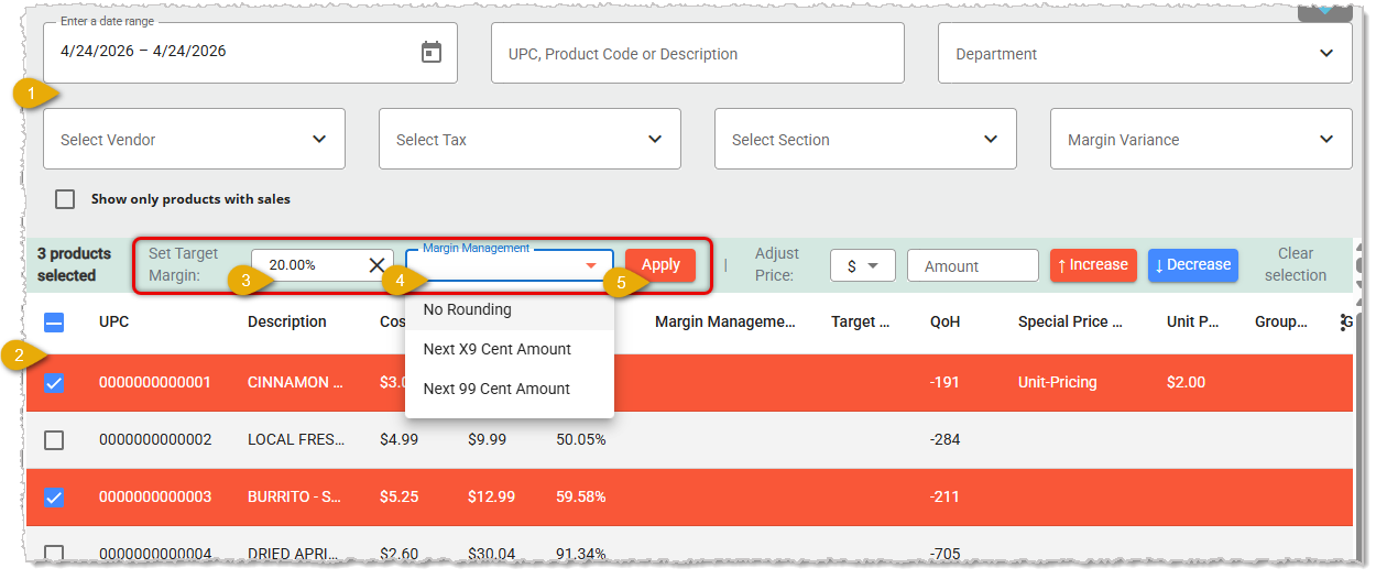 Image showing the Margin Management steps in the Mass Product Editor page of the  system's Back End.