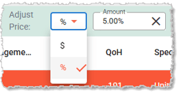 Image showing the Adjust Price mode and amount fields in the Mass Product Editor page of the  system's Back End.