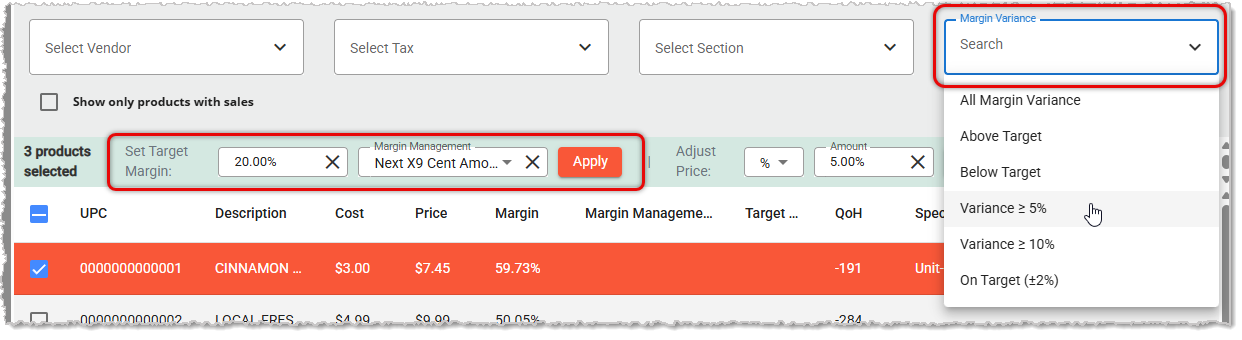 Image showing how to use the Margin Variance filter to do Margin Management in the Mass Product Editor in the  system's Back End.