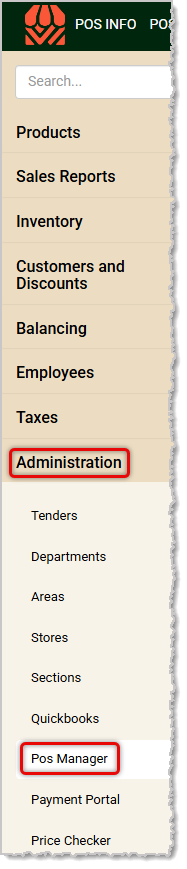 Image showing the POS Manager link in the Administration menu of the system's back end.