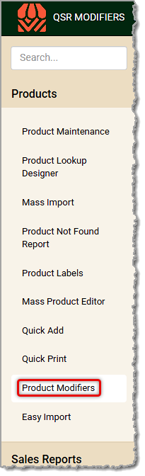 Image showing the Product Modifiers link in the Products menu of the Markt POS Back End.