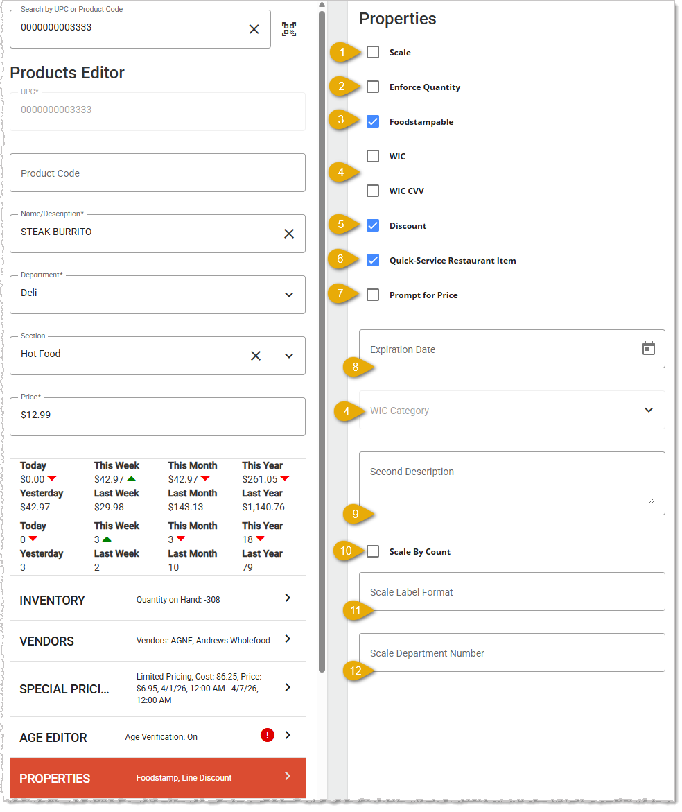 Image showing the Properties tab and the upper functions on the Product Maintenance page of the Back End.