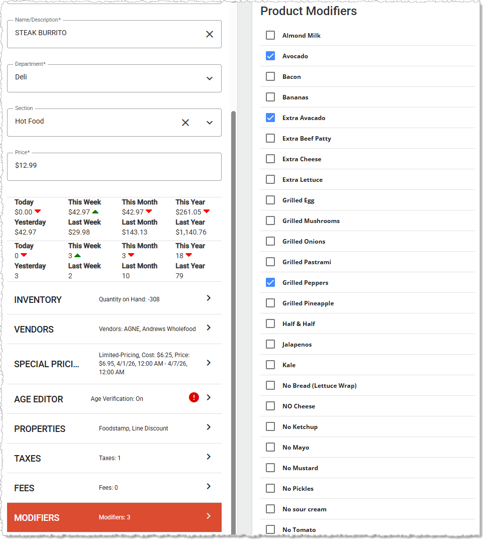 Image showing the Modifiers tab and the upper functions on the Product Maintenance page of the Back End.