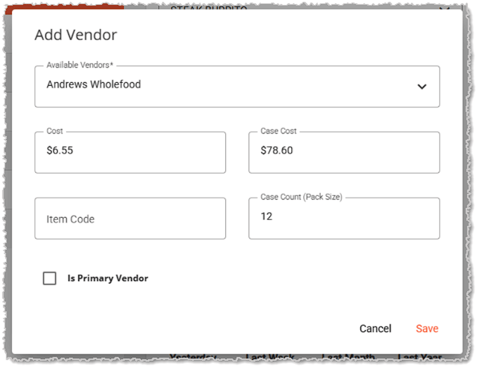 Image showing the Add Vendor window from the Product Maintenance page of the Back End.