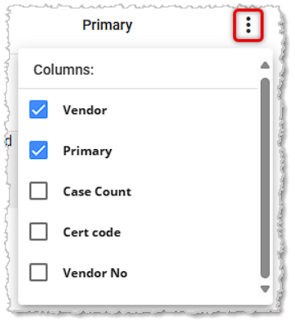 Image showing the action menu in the Vendors area of the Properties tab on the Product Maintenance page of the Back End.