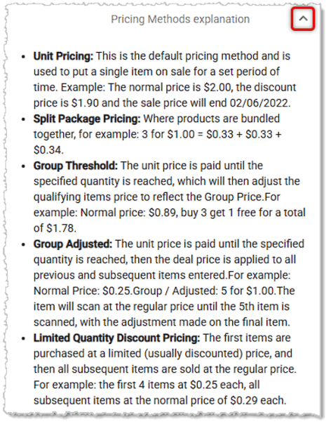 Image showing explanatory text for the different special pricing methods of the system.