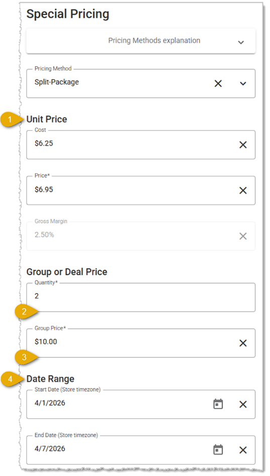 Image showing the Split-Package method of special pricing on the Product Maintenance page of the system.