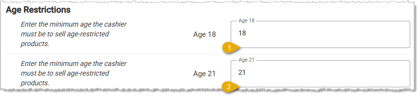 Image showing the Age Restrictions section of the POS Manager page in the Administration menu of the system's back end.