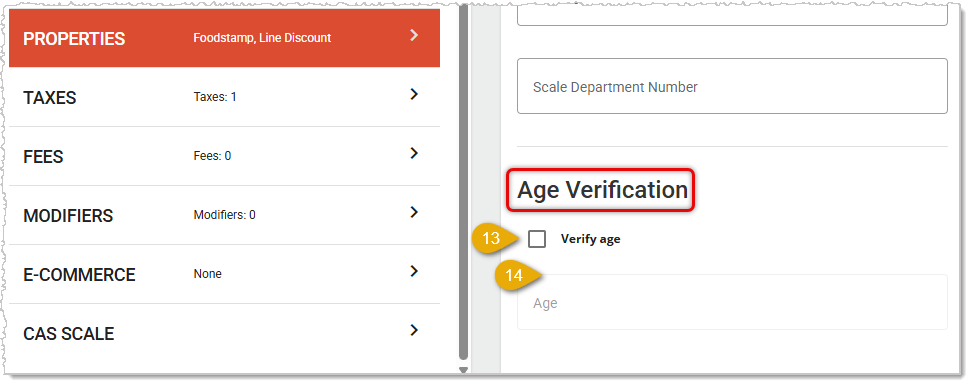 Image showing the Age Verification settings in the Properties tab of the Product Maintenance page in the Back End.