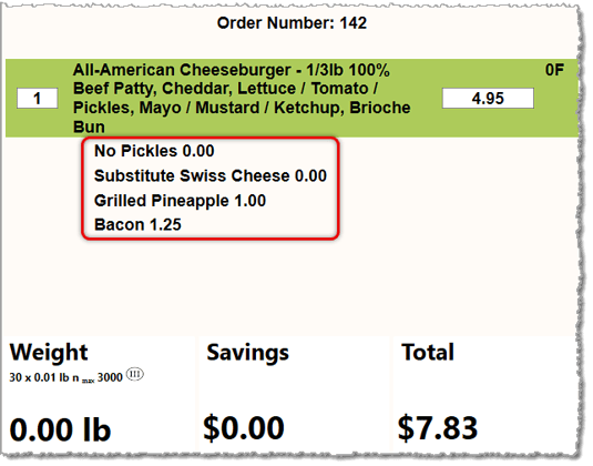 Image showing product modifiers on an item in the Markt POS Front End register.