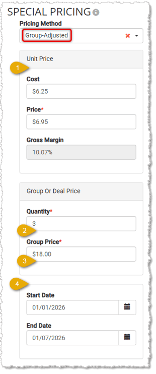 Image showing the Group-Adjusted Pricing method of special pricing on the Product Maintenance page of the Markt POS.