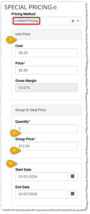 Image showing the Limited Pricing method of special pricing on the Product Maintenance page of the Markt POS.