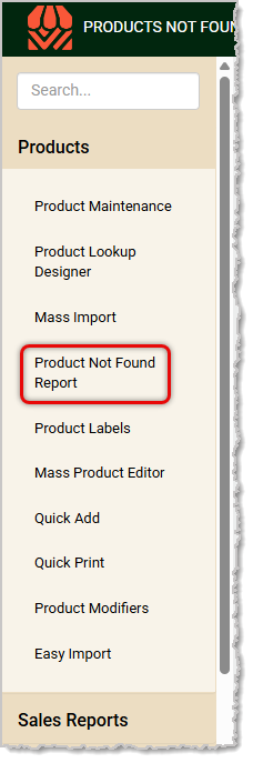 Image showing the Product Not Found report in the Products menu of the Markt POS Back End.
