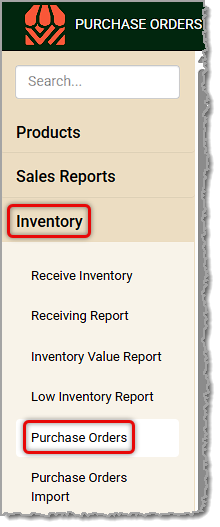 Image showing the Purchase Orders link in the Inventory menu of the Back End.