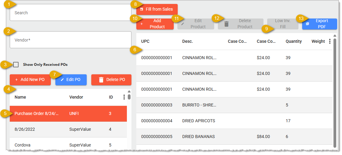 Image showing the steps to open a saved Purchase Order in the Back End of the system.