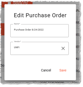 Image showing the Edit PO window from the Purchase Orders page of the Inventory menu in the system's Back End.