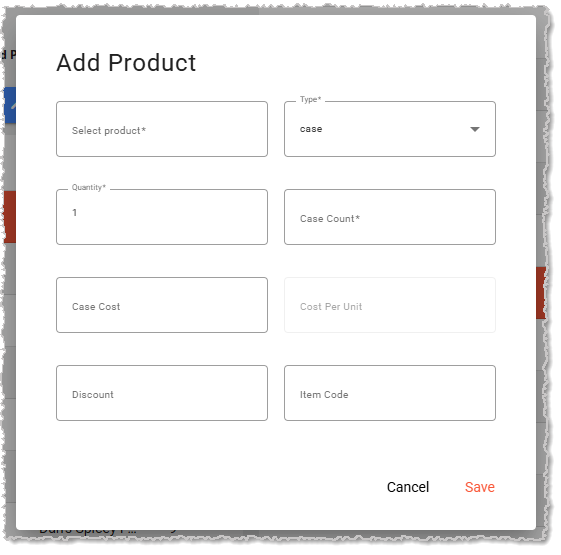 Image showing the Add Product window from the Purchase Orders page of the Inventory menu in the system's Back End.