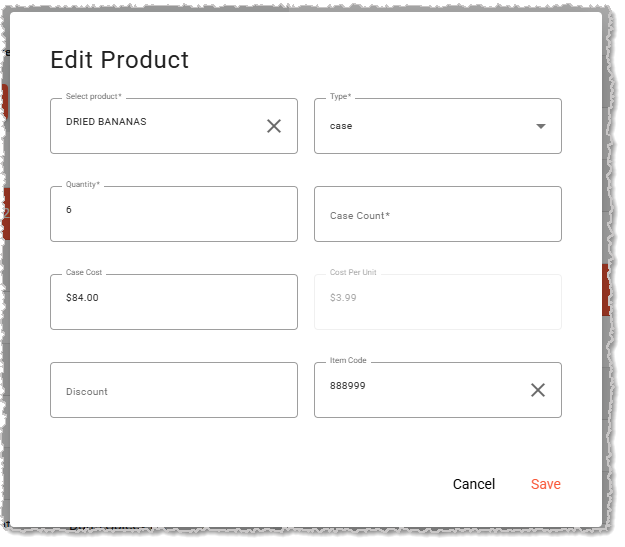 Image showing the Edit Product window from the Purchase Orders page of the Inventory menu in the system's Back End.