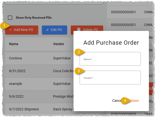 Image showing the initial steps in creating a new Purchase Order in the back end.