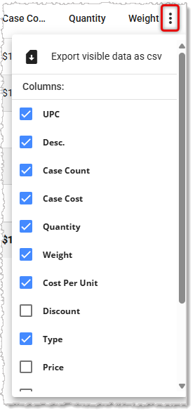 Image showing the export and column data options in the Purchase Order page of the system's back end.