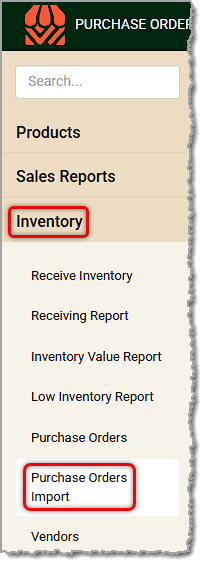 Image showing the Purchase Orders Import link in the Inventory menu of the Back End.