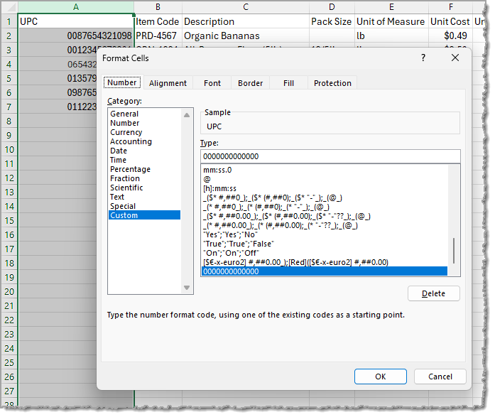 Image showing how to format the UPC column in your import template file.