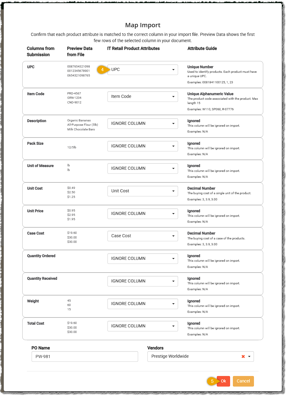 Image showing the data mapping for import template product data columns in the system back end.