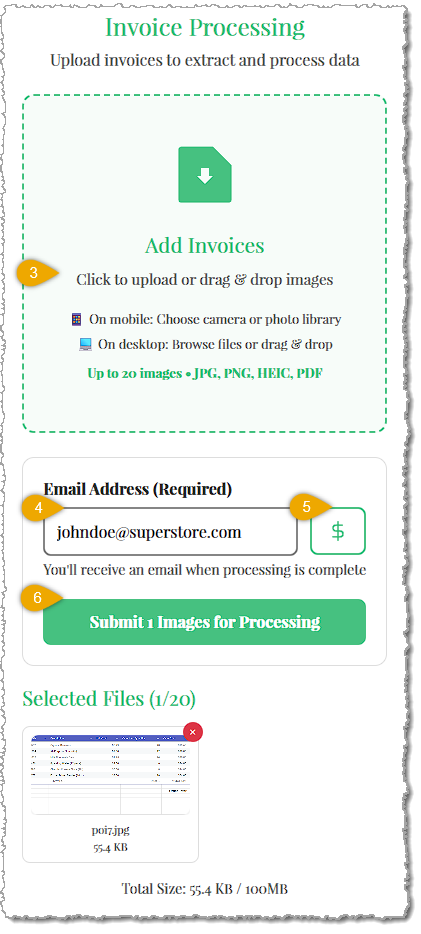 Image showing steps to upload an image with purchase order data to build a CSV import file in the system back end.