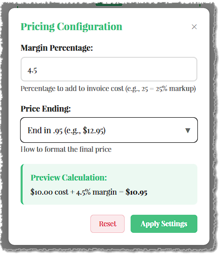 Image showing pricing configuration options for purchase order import template uploads in the system back end.