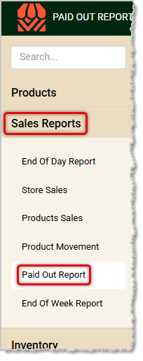 Image showing the Paid Out Report link in the Sales Reports menu of the Back End.