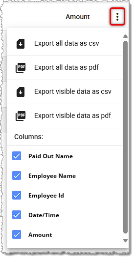 Image showing export and column visibility options for the Paid Out Report in the POS Back End.