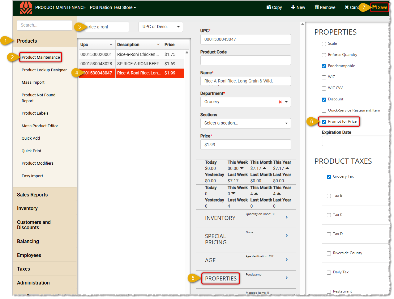 Image showing steps to set up the Prompt for Price function for a product in the Markt POS Back End.
