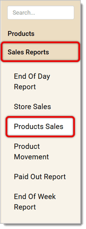 Image of the left-hand panel in the Back End, with Sales Reports and Products Sales highlighted.
