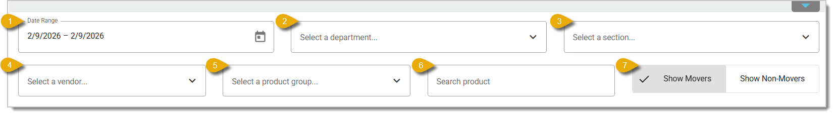 Image showing the filters above the table of Product Sales entries. Numbers highlight important functions.