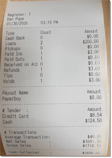 Example of a till status report printed out.