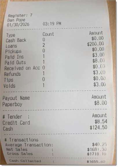 Example of a till status report printed out.