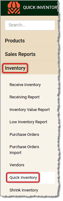 Image showing the Quick Inventory link in the Inventory menu of the Back End.