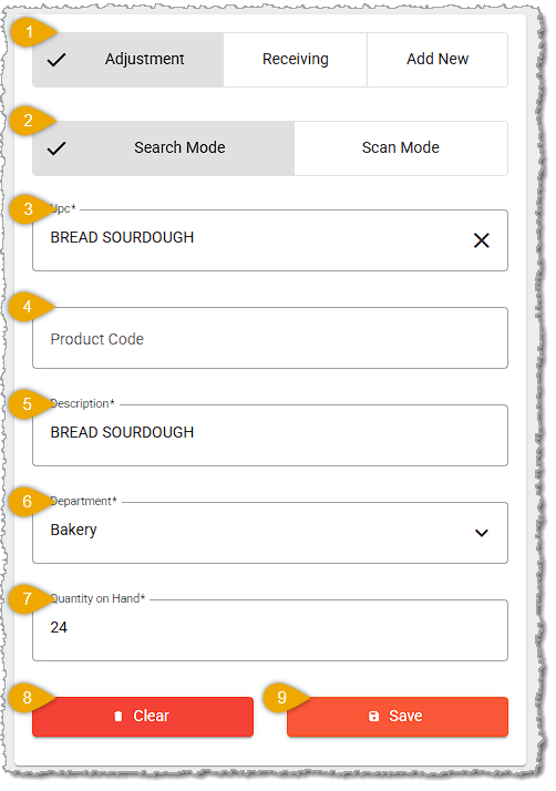 Image showing the major features of the Adjust tab of the Quick Inventory tool in the system's back end.