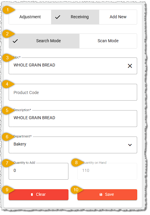 Image showing the major features of the Receiving tab of the Quick Inventory tool in the system's back end.