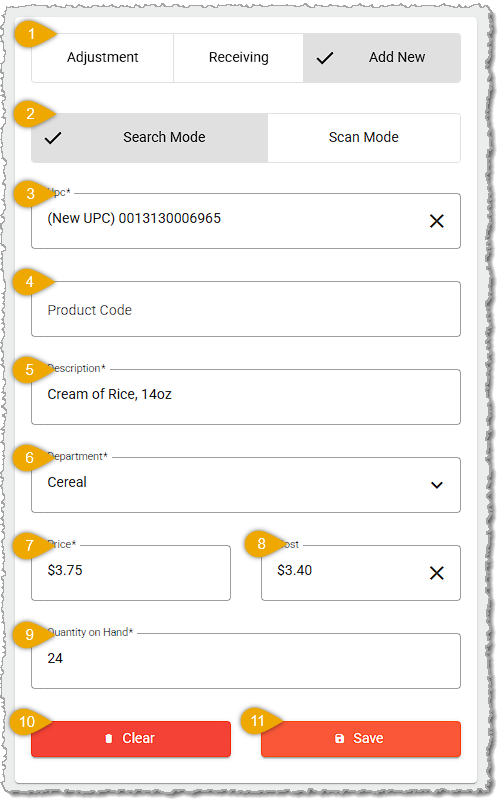 Image showing the major features of the Add New tab of the Quick Inventory tool in the system's back end.