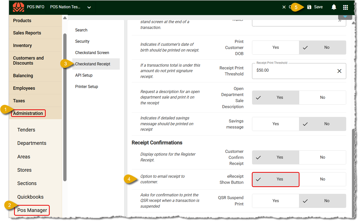 Image showing numbers as steps to enable eReceipt texting in the Back End.