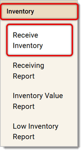 Image of the left-hand panel, with Inventory and Receive Inventory highlighted.