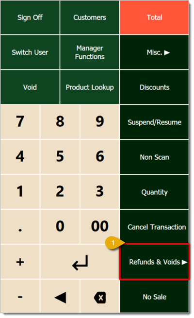 Image of the right-hand panel in the  Front End. Refunds and Voids is highlighted in this image.