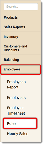 Image of the left-hand panel in the Back End. Employees and Roles are highlighted.