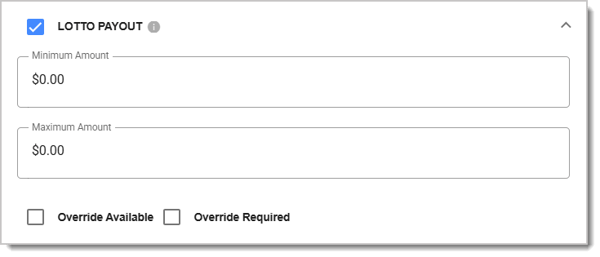 Image showing an example of additional Paid Out permission options: Minimum Amount, Maximum Amount, Override Available, and Override Required.