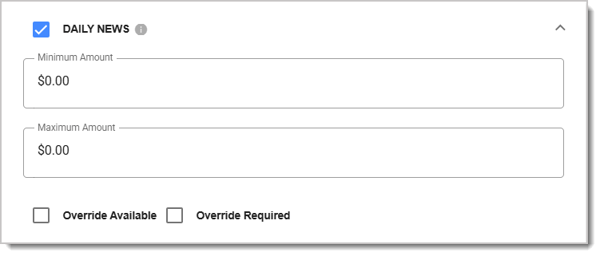 Image showing an example of a Paid In permission's additional options: Minimum Amount, Maximum Amount, Override Available, and Override Required.