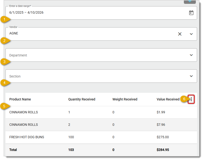 Image showing the Receiving Report in the Inventory area of the Back End with major features highlighted..