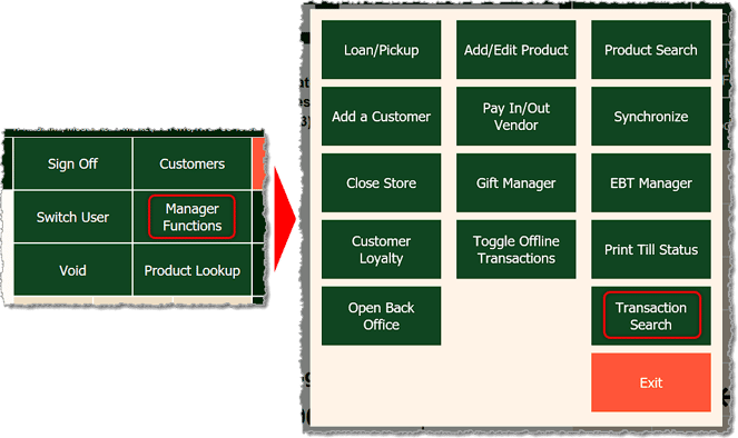 Image showing how to access the transaction search from the manager functions in the Markt POS Front End.