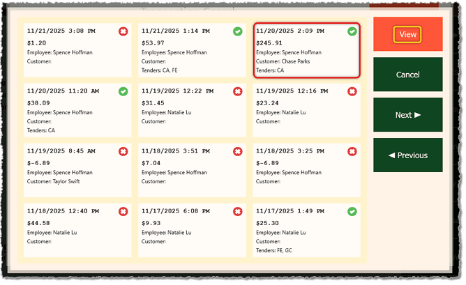 Image showing the transactions window of the Markt POS Front End.