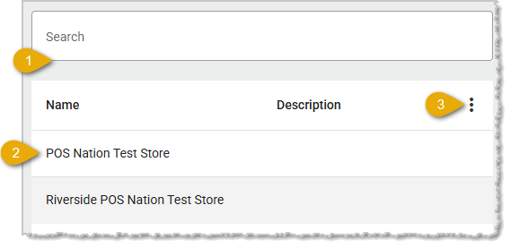 Image showing the Stores search function and list on the Stores page in the Administration menu of the system's back end.